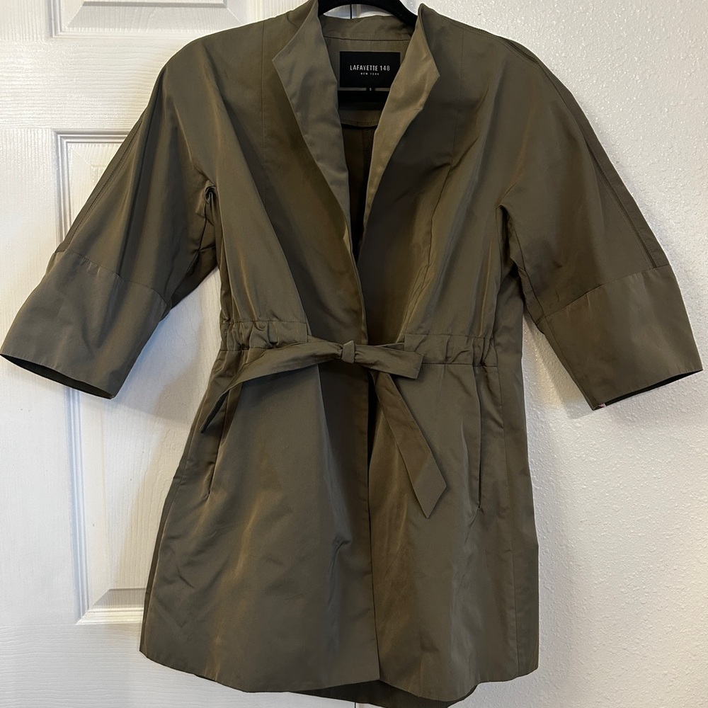 Lafayette 148 Lightweight Green Jacket 3/4 Sleeve Belted Size Small